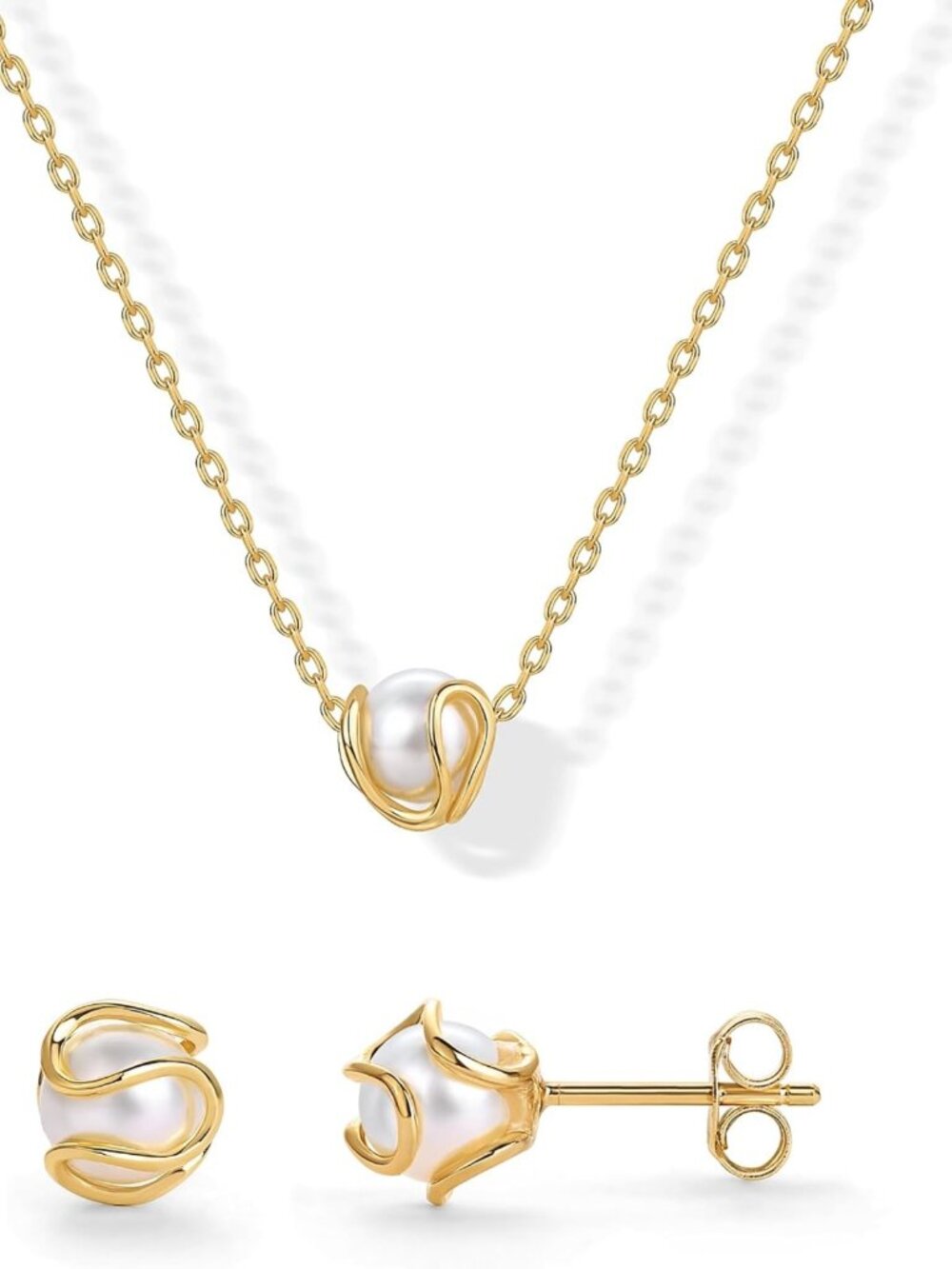 Elegant 14K Gold Plated Caged Pearl Jewelry Set - Necklace & Earrings for Women
